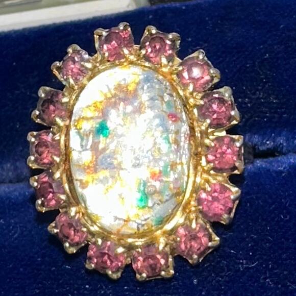 Vintage 1950s gold tone art glass cabochon rhinestones adjustable cocktail ring - Picture 4 of 8